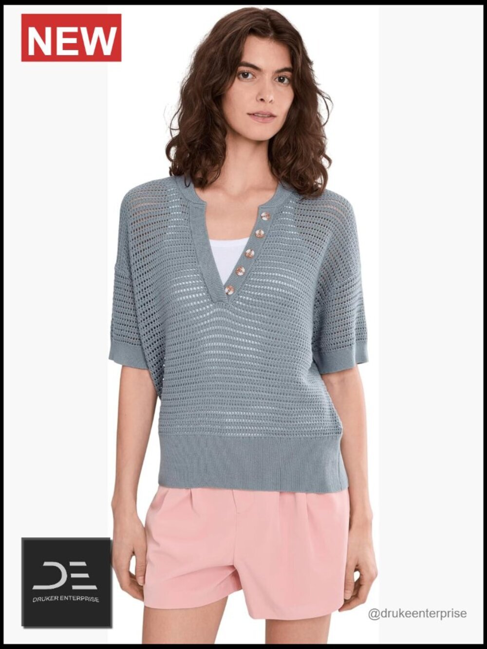 Lightweight Cotton Mesh Knit Pullover Sweater with Button Front, Boxy Oversized